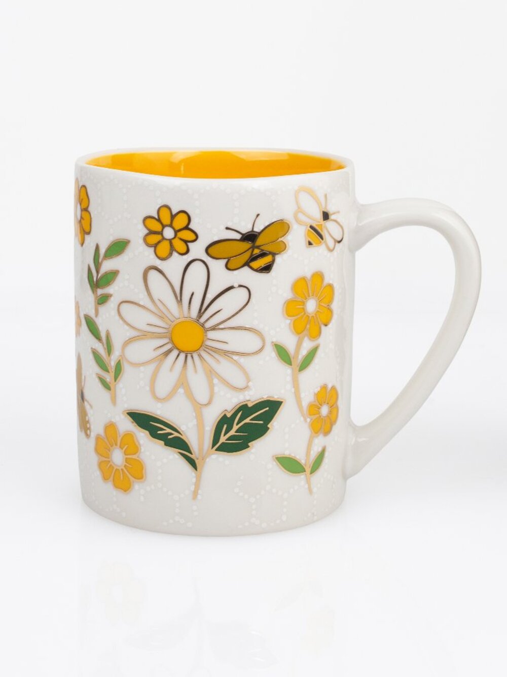 Seeds & Sunshine Floral Bee Ceramic Coffee Mug Yellow Daisy White Botanical Cup